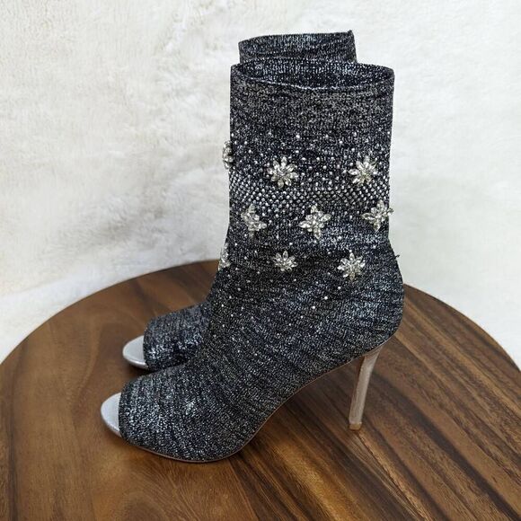 Badgley Mischka Viva Peep Toe Sock Bootie Heels Women’s Size 6.5 Black Silver - Picture 4 of 15